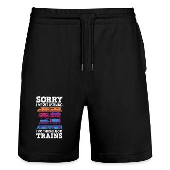 Didn't listen Thought of trains funny humor - Stanley/Stella Trainer Unisex Organic Jogging Shorts - black - Front - Nik (191cm) & Marisol (170cm)
