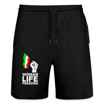 Woman, Life, Freedom | Free Iran! | With flag - Stanley/Stella Trainer Unisex Organic Jogging Shorts - black - Front - Nik (191cm) & Marisol (170cm)