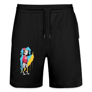 Street Art Girl 232343 - Stanley/Stella Trainer Unisex Organic Jogging Shorts - black - Front - Nik (191cm) & Marisol (170cm)