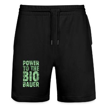 Power to the Biobauer Bio Grün Hell - Stanley/Stella Unisex Bio Joggingshorts Trainer  - Schwarz - Vorne - Nik (191cm) & Marisol (170cm)