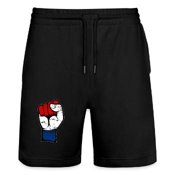 Poing du drapeau de la Hollande utilisé - Short de jogging bio TRAINER Stanley/Stella unisexe - noir - Devant - Nik (191cm) & Marisol (170cm)