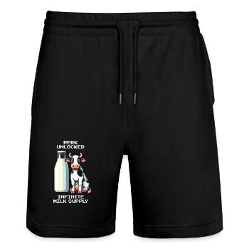 Perk: Unendliche Milch | Kuh & Mama Humor - Stanley/Stella Unisex Bio Joggingshorts Trainer  - Schwarz - Vorne - Nik (191cm) & Marisol (170cm)