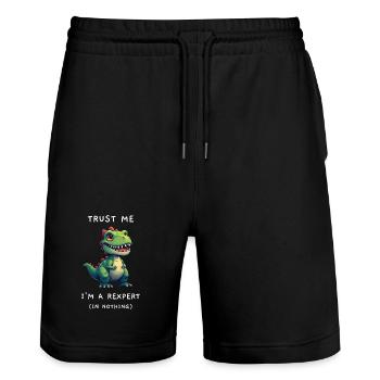 Funny T-Rex "Rexpert in Nothing" Saying - Stanley/Stella Trainer Unisex Organic Jogging Shorts - black - Front - Nik (191cm) & Marisol (170cm)
