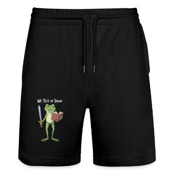 Dawn Quest Frog with Book - Stanley/Stella Trainer Unisex Organic Jogging Shorts - black - Front - Nik (191cm) & Marisol (170cm)