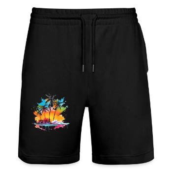 Insel mit Sonnenaufgang und Palmen - Stanley/Stella Unisex Bio Joggingshorts Trainer  - Schwarz - Vorne - Nik (191cm) & Marisol (170cm)