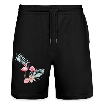 flamingos - Stanley/Stella Trainer Unisex Organic Jogging Shorts - black - Front - Nik (191cm) & Marisol (170cm)