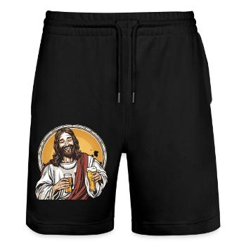 Jesus Bier Segen Party Christus - Stanley/Stella Unisex Bio Joggingshorts Trainer  - Schwarz - Vorne - Nik (191cm) & Marisol (170cm)
