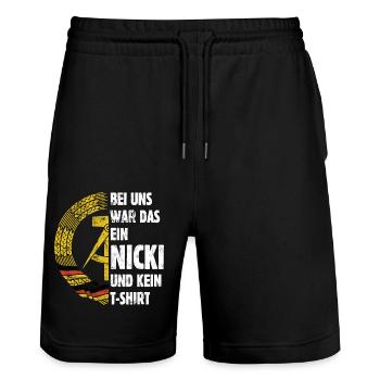 DDR Nicki, Osten, Ossi Spruch, Geschenk - Stanley/Stella Unisex Bio Joggingshorts Trainer  - Schwarz - Vorne - Nik (191cm) & Marisol (170cm)