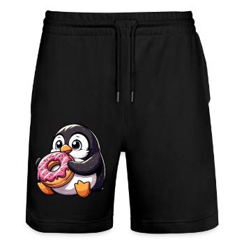 Mignon pingouin grignote sur beignet bande dessinée - Short de jogging bio TRAINER Stanley/Stella unisexe - noir - Devant - Nik (191cm) & Marisol (170cm)