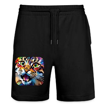Buntes Katzen Portrait - Stanley/Stella Unisex Bio Joggingshorts Trainer  - Schwarz - Vorne - Nik (191cm) & Marisol (170cm)