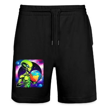 Cool alien with planet in his hands - Stanley/Stella Trainer Unisex Organic Jogging Shorts - black - Front - Nik (191cm) & Marisol (170cm)