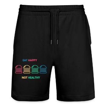 Eat Happy not Healthy - Stanley/Stella Trainer Unisex Organic Jogging Shorts - black - Front - Nik (191cm) & Marisol (170cm)