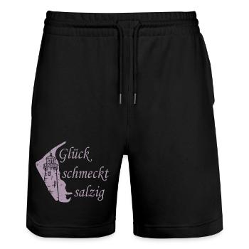 Glück schmeckt salzig – Amrum Nordsee Insel Design - Stanley/Stella Unisex Bio Joggingshorts Trainer  - Schwarz - Vorne - Nik (191cm) & Marisol (170cm)