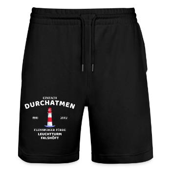 Flensburger Förde, Leuchtturm Falshöft, Durchatmen - Stanley/Stella Unisex Bio Joggingshorts Trainer  - Schwarz - Vorne - Nik (191cm) & Marisol (170cm)