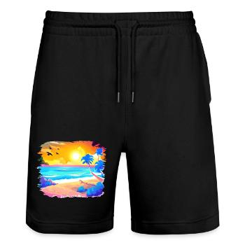 Summer Sunset Beach Watercolor - Stanley/Stella Trainer Unisex Organic Jogging Shorts - black - Front - Nik (191cm) & Marisol (170cm)