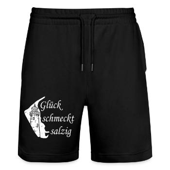 Glück schmeckt salzig – Amrum Nordsee Insel Design - Stanley/Stella Unisex Bio Joggingshorts Trainer  - Schwarz - Vorne - Nik (191cm) & Marisol (170cm)