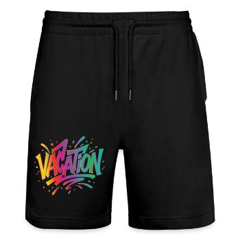 Lettrage VACATION – Graffiti coloré dans le style estival - Short de jogging bio TRAINER Stanley/Stella unisexe - noir - Devant - Nik (191cm) & Marisol (170cm)