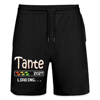 Werdende Tante 2027 loading ich werde Tante - Stanley/Stella Unisex Bio Joggingshorts Trainer  - Schwarz - Vorne - Nik (191cm) & Marisol (170cm)