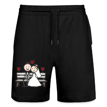 Wedding couple cartoon on the bench - Stanley/Stella Trainer Unisex Organic Jogging Shorts - black - Front - Nik (191cm) & Marisol (170cm)