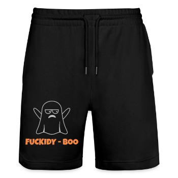 Fuckidy-Boo | Funny Halloween Ghost Design - Stanley/Stella Trainer Unisex Organic Jogging Shorts - black - Front - Nik (191cm) & Marisol (170cm)