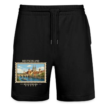 Deutschland Regensburg Vintage Reisemarke - Stanley/Stella Unisex Bio Joggingshorts Trainer  - Schwarz - Vorne - Nik (191cm) & Marisol (170cm)