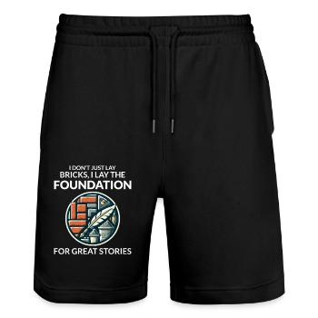Bricklayer Chronicles: Geschichten aus Ziegeln basteln - Stanley/Stella Unisex Bio Joggingshorts Trainer  - Schwarz - Vorne - Nik (191cm) & Marisol (170cm)