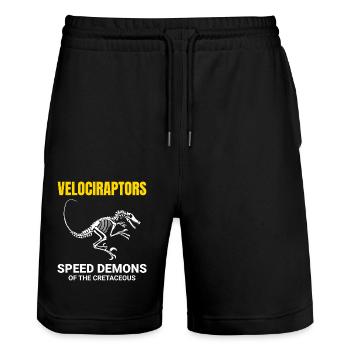 Velociraptor Dinosaurier Dino Fossilienjagd - Stanley/Stella Unisex Bio Joggingshorts Trainer  - Schwarz - Vorne - Nik (191cm) & Marisol (170cm)