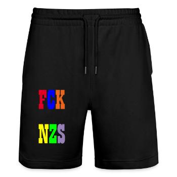 FCK NZS - Stanley/Stella Trainer Unisex Organic Jogging Shorts - black - Front - Nik (191cm) & Marisol (170cm)