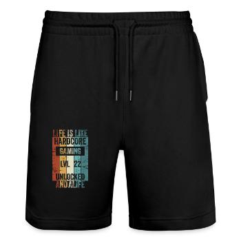Level 22 Life is like Hardcore Gaming Unlocked - Stanley/Stella Unisex Bio Joggingshorts Trainer  - Schwarz - Vorne - Nik (191cm) & Marisol (170cm)