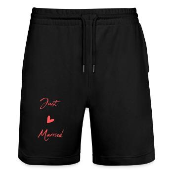 GERADE VERHEIRATET. Junggesellinnenabschied. VALENTINSTAG. PAAR - Stanley/Stella Unisex Bio Joggingshorts Trainer  - Schwarz - Vorne - Nik (191cm) & Marisol (170cm)