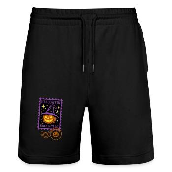 Timbre-poste - Citrouille d'Halloween avec chapeau magique - Short de jogging bio TRAINER Stanley/Stella unisexe - noir - Devant - Nik (191cm) & Marisol (170cm)