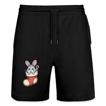 Lapin de Noël en chaussette câline - Short de jogging bio TRAINER Stanley/Stella unisexe - noir - Devant - Nik (191cm) & Marisol (170cm)