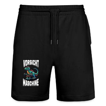 Gym Shirt – Vorsicht Maschine - Stanley/Stella Unisex Bio Joggingshorts Trainer  - Schwarz - Vorne - Nik (191cm) & Marisol (170cm)