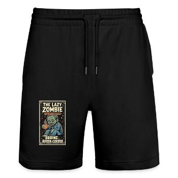 Humour de café du Lundi-zombie paresseux - Short de jogging bio TRAINER Stanley/Stella unisexe - noir - Devant - Nik (191cm) & Marisol (170cm)