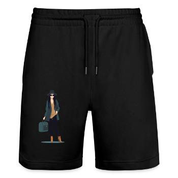 Eine reisende Frau in modischer Kleidung - Stanley/Stella Unisex Bio Joggingshorts Trainer  - Schwarz - Vorne - Nik (191cm) & Marisol (170cm)