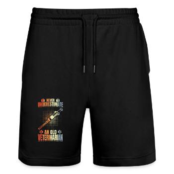 Never underestimate an old vet - Stanley/Stella Trainer Unisex Organic Jogging Shorts - black - Front - Nik (191cm) & Marisol (170cm)