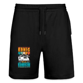 Camper Camping Wohnwagen Spruch - Stanley/Stella Unisex Bio Joggingshorts Trainer  - Schwarz - Vorne - Nik (191cm) & Marisol (170cm)