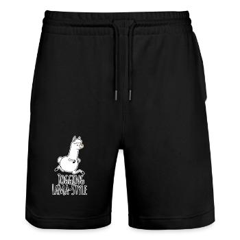 Llama-style joggers! Running silly and having fun at the same time! - Stanley/Stella Trainer Unisex Organic Jogging Shorts - black - Front - Nik (191cm) & Marisol (170cm)