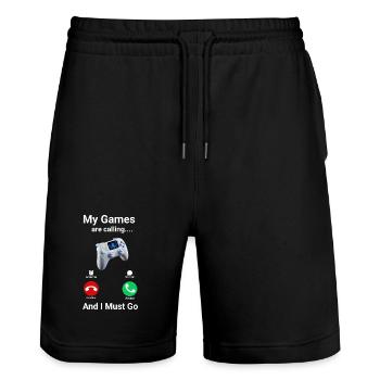 Gamer Gaming Controller Games are calling - Stanley/Stella Trainer Unisex Organic Jogging Shorts - black - Front - Nik (191cm) & Marisol (170cm)