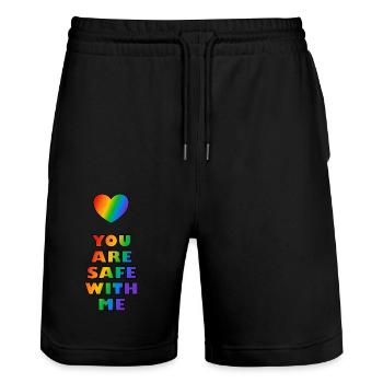 Du bist sicher bei mir Rainbow Heart LGBT Safe Space - Stanley/Stella Unisex Bio Joggingshorts Trainer  - Schwarz - Vorne - Nik (191cm) & Marisol (170cm)