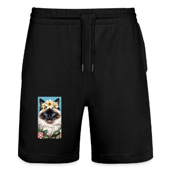 Naturschönheit Birma Seal Point mit Blumenkranz - Stanley/Stella Unisex Bio Joggingshorts Trainer  - Schwarz - Vorne - Nik (191cm) & Marisol (170cm)
