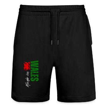 Made in Wales, vertical design - Stanley/Stella Trainer Unisex Organic Jogging Shorts - black - Front - Nik (191cm) & Marisol (170cm)