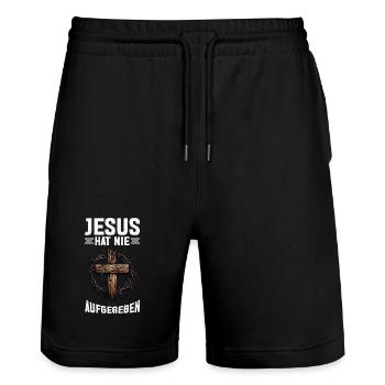 Jesus Hat Nie Aufgegeben Bibelleser Kirche - Stanley/Stella Unisex Bio Joggingshorts Trainer  - Schwarz - Vorne - Nik (191cm) & Marisol (170cm)