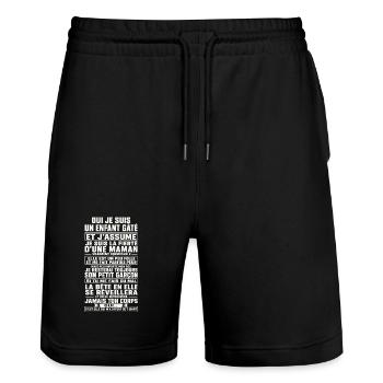 Fils Cadeau humour personnalisé - Short de jogging bio TRAINER Stanley/Stella unisexe - noir - Devant - Nik (191cm) & Marisol (170cm)