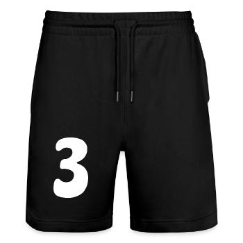 Three: Minimalist Numeral 3 | Third Party - Stanley/Stella Trainer Unisex Organic Jogging Shorts - black - Front - Nik (191cm) & Marisol (170cm)