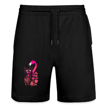 Tropical Cat & Flamingo - Summer 2025 - Stanley/Stella Trainer Unisex Organic Jogging Shorts - black - Front - Nik (191cm) & Marisol (170cm)