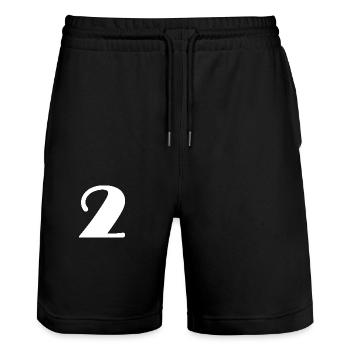 2. 2 JAHRE. 2. JUBILÄUM. GEBURTSTAG 2 JAHRE - Stanley/Stella Unisex Bio Joggingshorts Trainer  - Schwarz - Vorne - Nik (191cm) & Marisol (170cm)