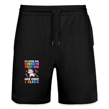Unicorn Hairdresser First Grade School Enrollment - Stanley/Stella Trainer Unisex Organic Jogging Shorts - black - Front - Nik (191cm) & Marisol (170cm)