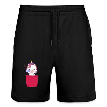 Unicorn in Breast Pocket Cute Unicorn in my Pocket - Stanley/Stella Trainer Unisex Organic Jogging Shorts - black - Front - Nik (191cm) & Marisol (170cm)