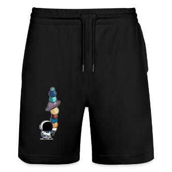 Astronaut mit Sonnensystem Planeten Eis Astronomie - Stanley/Stella Unisex Bio Joggingshorts Trainer  - Schwarz - Vorne - Nik (191cm) & Marisol (170cm)